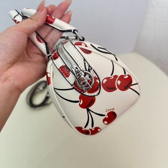 Coach Rowan Cherry Print Boston Bag | White Girlish Tote/Crossbody Bucket Bag - Picture 6 of 10